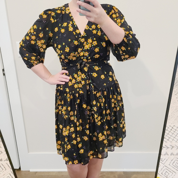 CAbi Dresses & Skirts - Cabi Black Floral Mesh Stretch Wrap Dress Size Small